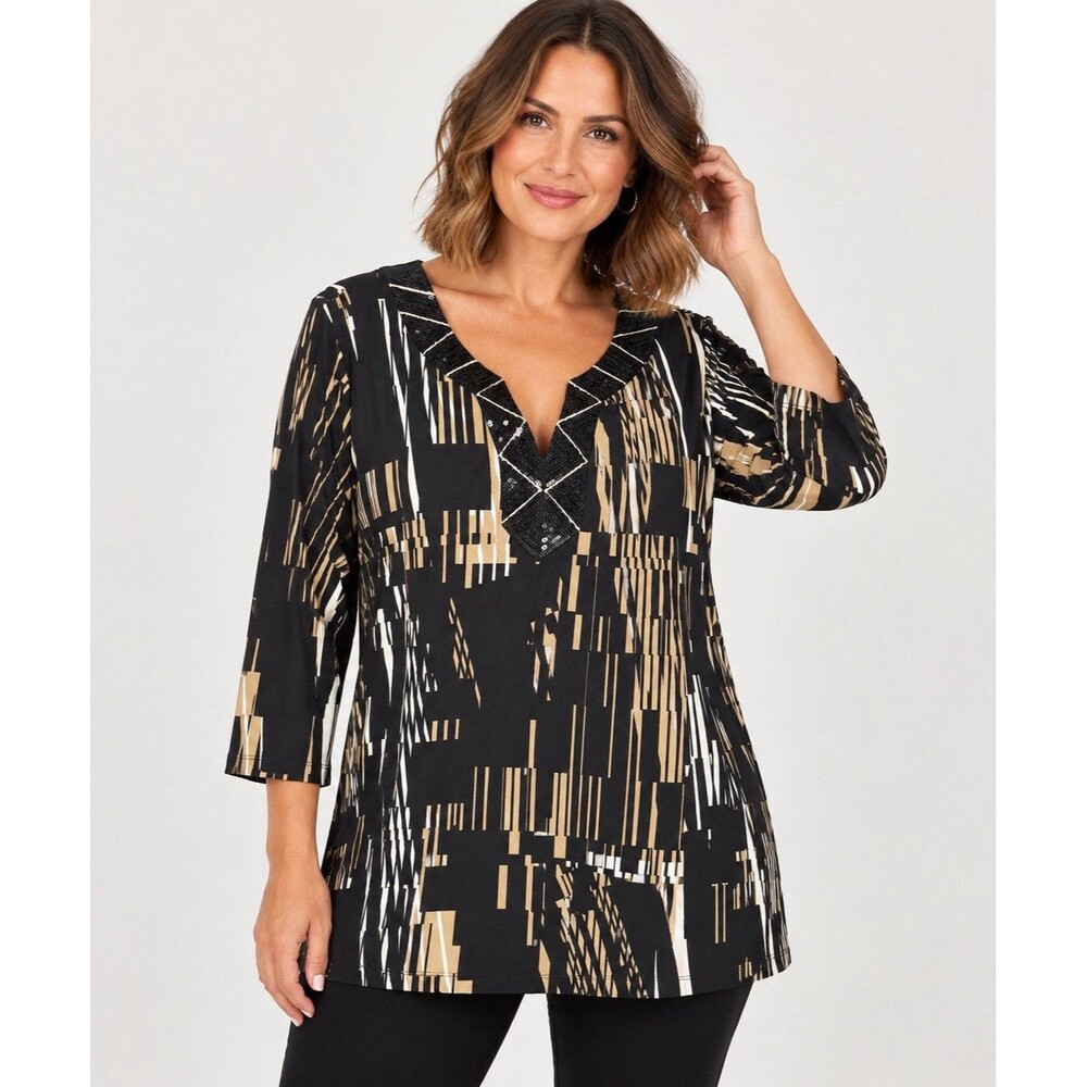 Dana Buchman XL Black Gold Sequin Trim Tunic Top V Neck 3/4 Sleeve Geometric